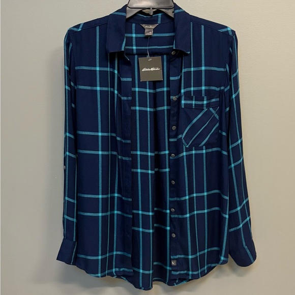 NWT Eddie Bauer Navy and Teal Plaid Long Sleeve Button Up Blouse Women’s XS - Picture 1 of 5